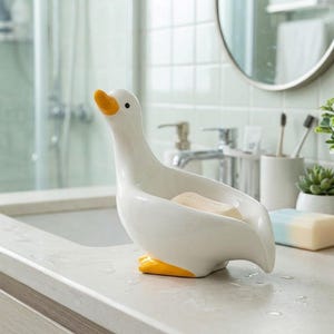 May include: A white ceramic soap dish shaped like a duck with a yellow beak and yellow feet. The duck has a small black eye and holds a rectangular bar of soap within its curved body. The surface is smooth and glossy with a minimalist design.