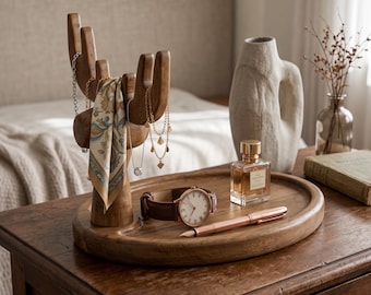 Présentoir à bijoux rustique en bois de cerf fait main, plateau de rangement pour bagues et colliers