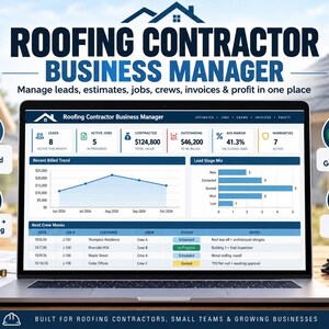 Könnte beinhalten: Ein Laptop-Bildschirm mit der Benutzeroberfläche der Roofing Contractor Business Manager Software, die Daten-Dashboards für Leads, Aufträge und Gewinne zeigt. Der Bildschirm enthält Diagramme, Tabellen und den Text 22 Organized Tabs sowie Excel + Google Sheets.