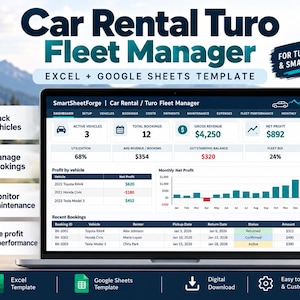 Puede incluir: Una plantilla digital de gestión de flotas de alquiler de coches para Excel y Google Sheets mostrada en una pantalla de portátil. El panel muestra métricas como vehículos activos, reservas, ingresos brutos, beneficio neto y un gráfico.