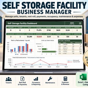 May include: A laptop screen displaying a Self Storage Facility Business Manager dashboard with data tables, bar charts, and line graphs for 2026. The interface includes metrics for units, occupancy, rent, and expenses, with Excel and Google Sheets icons.