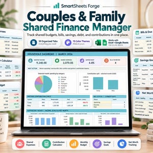 Könnte beinhalten: Eine digitale Finanzmanagement-Tabelle auf einem Laptop-Bildschirm mit einem Haushalts-Dashboard, das Diagramme, Tabellen für gemeinsame Ausgaben, Beitragsrechner, Sparziele und eine Übersicht des Nettovermögens anzeigt, neben einer weißen Tasse.