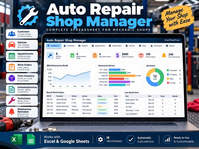 Database Order Table Auto Repair Shop Manager Spreadsheet, Mechanic Business Tracker, Work ...