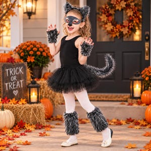 Pode incluir: Um traje de lobo preto com um collant sem mangas, um tutu de tule em camadas e uma faixa de cabelo peluda com orelhas. O conjunto inclui luvas sem dedos, polainas e uma cauda longa a condizer. Uma máscara de lobo cinzenta e preta para os olhos.