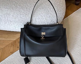 Large Leather Tote Bag, Minimalist Tote Bag Shoulder Bag Gold Hardware
