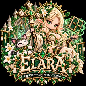 May include: A digital illustration featuring a blonde elf character in green and white attire holding a cross staff, accompanied by a small cat, with a floating green book and the text ELARA THE CELESTIAL ENCHANTRESS set against a gothic background.