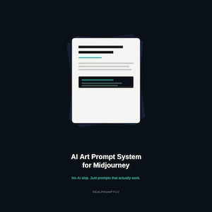 May include: A white document icon with dark lines and a teal accent bar, centered on a dark background. Below the icon, the text reads: AI Art Prompt System for Midjourney. No AI slop. Just prompts that actually work. REALPROMPTCO.