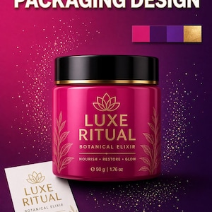 May include: A magenta cosmetic jar with a black lid and gold text reading LUXE RITUAL BOTANICAL ELIXIR NOURISH RESTORE GLOW 50 g | 1.76 oz. A matching white card displays the same text and logo. The background features a gradient with gold sparkles.