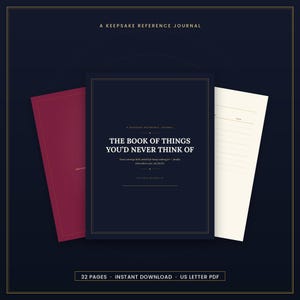 May include: A dark blue journal titled THE BOOK OF THINGS YOU'D NEVER THINK OF with gold border lines. To the left is a maroon page and to the right is a cream-colored lined page. The text A KEEPSAKE REFERENCE JOURNAL appears at the top.