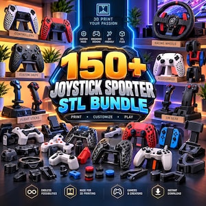 May include: A digital collection of 3D printable files titled 150+ Joystick Sporter STL Bundle, featuring various gaming controllers, flight sticks, racing wheels, and custom grips displayed on shelves with text labels for each category.