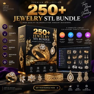 May include: A digital product bundle titled 250+ Jewelry STL Bundle featuring a black box with gold text and imagery of gold rings, earrings, and pendants. A laptop displays a file directory of jewelry 3D models, with physical gold jewelry pieces arranged in front.