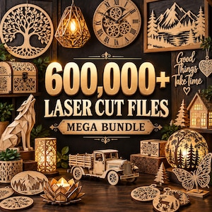 Pode incluir: Uma coleção de objetos de madeira cortados a laser, incluindo uma árvore da vida, um relógio de engrenagens, uma paisagem de montanha, um lobo, um caminhão, um suporte de vela de lótus e uma borboleta com o texto 600,000+ LASER CUT FILES MEGA BUNDLE.