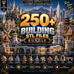 Può includere: Un grafico digitale per un pacchetto di oltre 250 file STL di edifici per la stampa 3D. L'immagine presenta un titolo dorato centrale, circondato da varie strutture architettoniche tra cui castelli, grattacieli, templi e case.