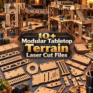 Puede incluir: Una colección de piezas de terreno modular para juegos de mesa cortadas con láser en madera, que incluye estructuras de varios niveles, pasarelas y paneles planos. El texto 10+ Modular Tabletop Terrain Laser Cut Files aparece en el centro.