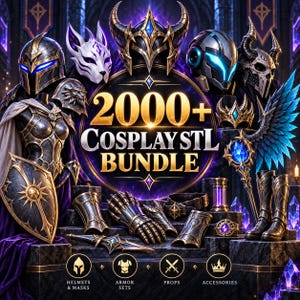 Puede incluir: Una colección digital de más de 2000 archivos STL de cosplay que incluye varios conjuntos de armaduras de fantasía, cascos, máscaras, accesorios y objetos. La imagen muestra guanteletes, escudos, botas y tocados detallados.