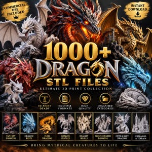 May include: A digital collection of 1000+ dragon STL files for 3D printing, featuring various dragon designs including fantasy dragons, busts, flexi dragons, statues, skulls, multi-headed dragons, baby dragons, and dioramas with terrain.