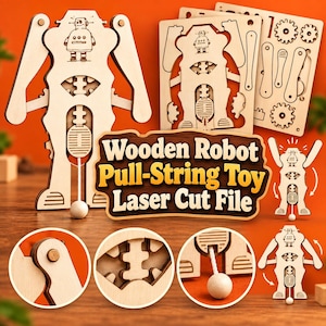 Puede incluir: Un juguete robot de madera clara con cuerda y componentes cortados con láser. El conjunto incluye láminas planas con piezas de engranaje entrelazadas y una figura de robot central con un mecanismo de cuerda blanca y bola. Texto: Wooden Robot Pull-String Toy Laser Cut File.