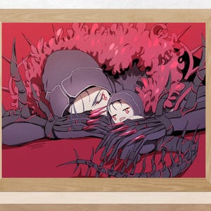 May include: A digital illustration of two figures, one larger than the other, wearing dark purple clothing with red accents. The figures are lying down with their heads touching. The larger figure has a crown of red feathers. The background is a red and black pattern.