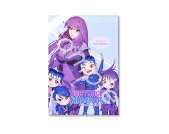 Puede incluir: Una ilustración colorida de un grupo de personajes de anime, incluyendo un personaje femenino con cabello morado y un vestido azul, y cuatro personajes masculinos con cabello azul y atuendos azules y rojos. La ilustración se titula "Scathach's Kindercare: A Fate Grand Order Fanbook" y es presentada por "DarkGreyClouds".