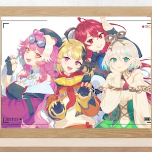 May include: Four anime characters, two with pink hair, one with blonde hair, and one with red hair, are smiling and posing for a photo. The characters are wearing colorful outfits and accessories. The text "JUSTICE" is visible in the bottom left corner of the image.