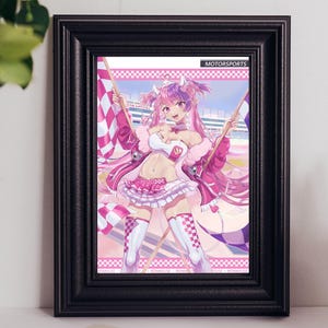 May include: A digital illustration of a woman with pink hair and a pink and white racing outfit holding a chequered flag. The background is a chequered pattern and the text "MOTORSPORTS" is at the top of the image.