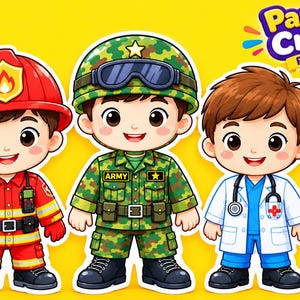 May include: Three cartoon paper craft characters on a yellow background. One is a firefighter in red gear, one is a soldier in camouflage with goggles, and one is a doctor in a white coat with a stethoscope. Text reads Paper Craft For Kids and 3 Characters in 1.