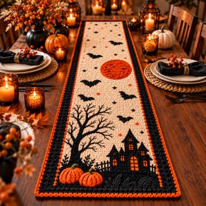 Puede incluir: Un camino de mesa rectangular de ganchillo con un centro color crema que presenta una silueta negra de una casa encantada, un árbol desnudo, murciélagos volando y una gran luna naranja. Tiene un borde negro grueso con un acabado naranja.