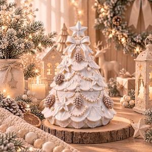 Op de afbeelding: Een crèmekleurig keramieken kerstboombeeldje met gebeeldhouwde dennenappels, delicate bloemaccenten en gedrapeerde parelachtige slingers. De boom is bekroond met een vijfpuntige ster en een grote strik, rustend op een ronde houten voet.