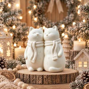 Puede incluir: Un par de figuras de gatos de cerámica blanca colocadas una al lado de la otra, cada una con una bufanda de punto blanco texturizado. Los gatos presentan superficies lisas con pequeños copos de nieve en relieve y ojos cerrados.