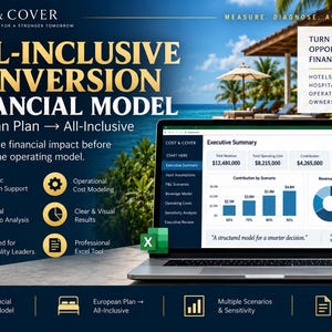 May include: A digital financial model for hospitality businesses displayed on a laptop screen. The interface shows an executive summary with revenue, cost, and margin data, including bar charts and a pie chart. Text includes Cost & Cover and All-Inclusive Conversion Financial Model.