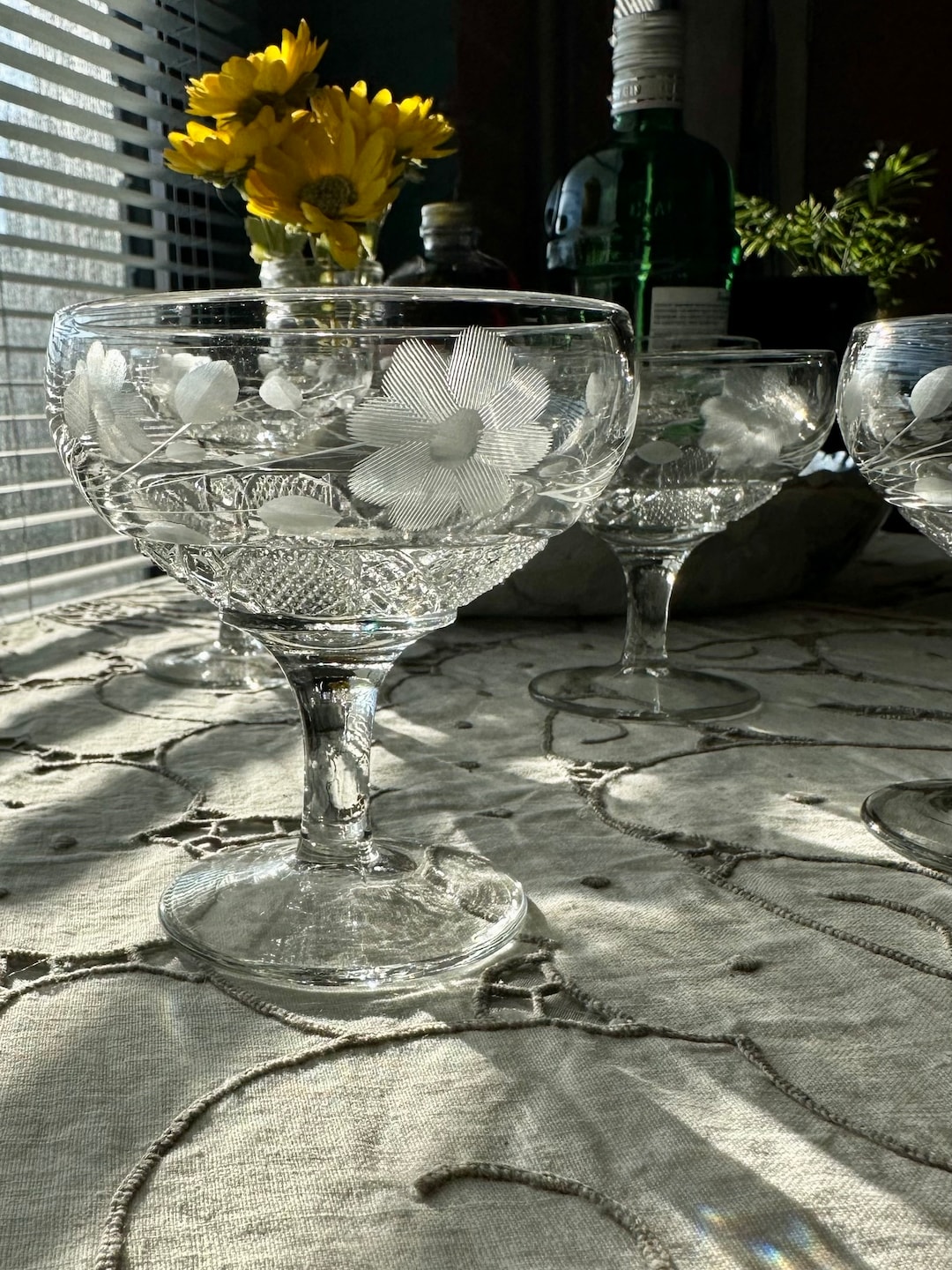 Vintage Champagne Coupes Glasses Set of 8 Floral Etched Glassware