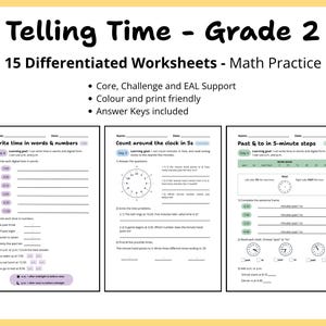 Grade 2 Telling Time Worksheets – 5-Day Math Practice Pack (Core, Challenge, EAL)