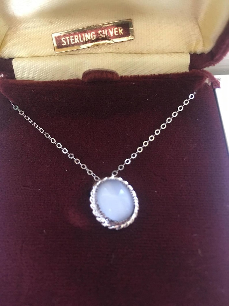 Sterling Natural Moonstone Mid-Century Retro Karen Lynne Oval Cabochon Necklace Bride Wedding Something Blue Bridesmaids Mother Daughter BFF