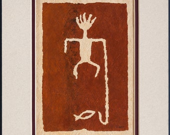Fisherman - Handmade Hawaiian Petroglyph Art on Tapa Cloth – Signed & Ready to Frame