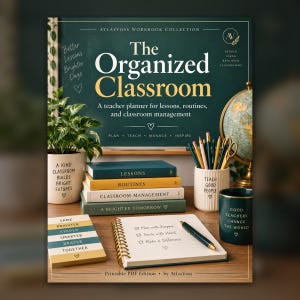 May include: A workbook titled The Organized Classroom with a dark green cover, featuring a stack of four books, a spiral notebook with a pen, a pencil holder with writing utensils, a globe, and a potted plant with text on the pot.