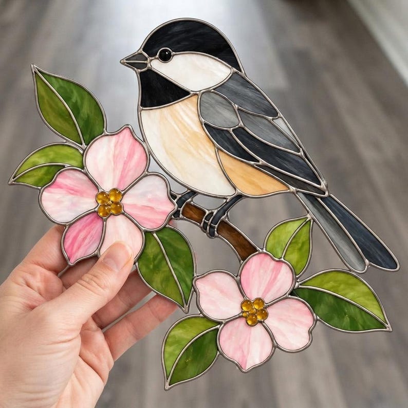 Chickadee Bird Flower Stained Glass Pattern SVG PDF| Nature Suncatcher ...