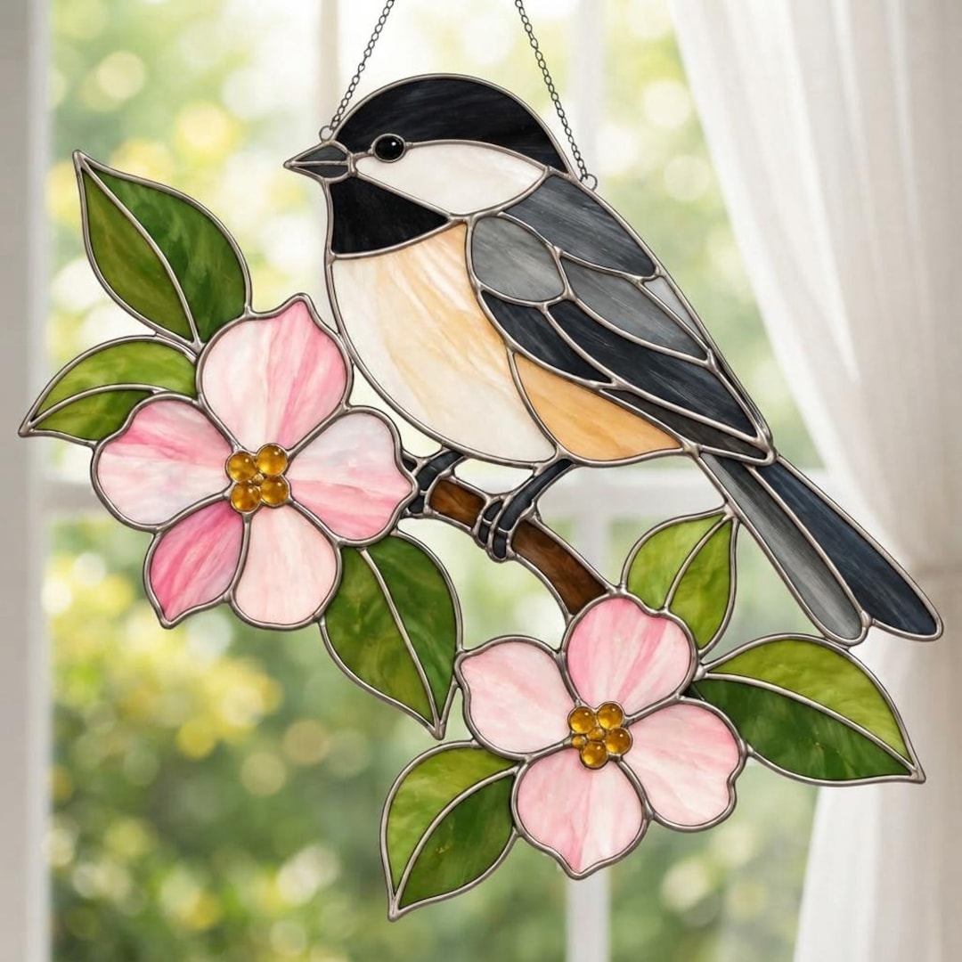 Chickadee Bird Flower Stained Glass Pattern SVG PDF| Nature Suncatcher ...