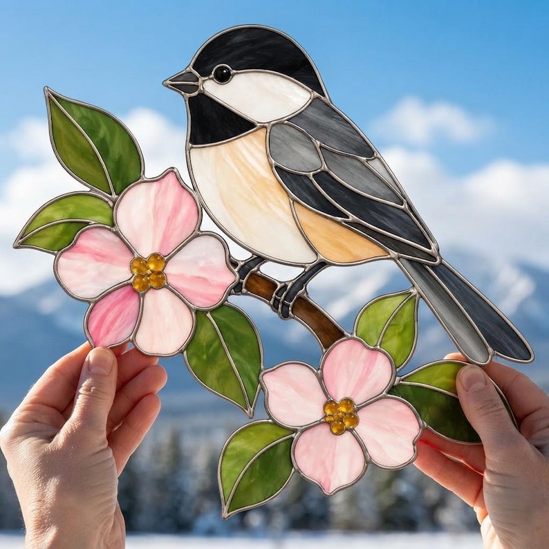 Chickadee Bird Flower Stained Glass Pattern SVG PDF| Nature Suncatcher ...