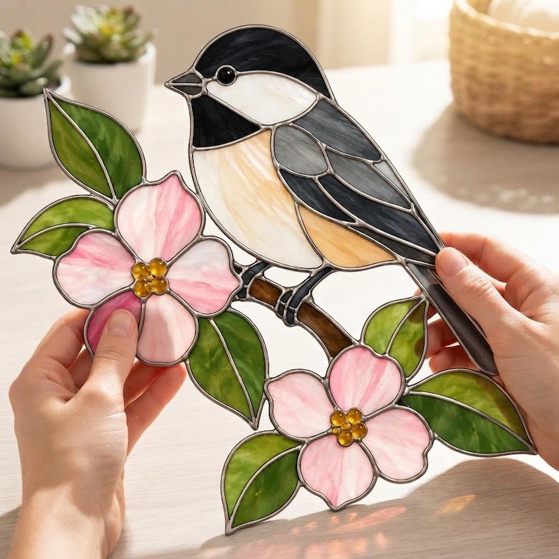 Chickadee Bird Flower Stained Glass Pattern SVG PDF| Nature Suncatcher ...