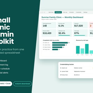以下が含まれることがあります： Small Clinic Admin Toolkitと書かれたダークグリーンのサイドバーと、Sunrise Family Clinicの月次ダッシュボードやデータグラフが表示された明るいインターフェースを持つ、小規模クリニック向けのデジタル管理ツールキット。