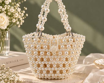 Handmade Pearl Beaded Purse, Ivory Bridal Handbag, Wedding Evening Clutch
