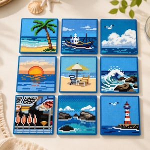 May include: A set of nine square coasters featuring pixel art designs of coastal scenes, including a palm tree on a beach, a boat at sea, clouds, a sunset, beach chairs with an umbrella, ocean waves, a lighthouse, and abstract patterns.