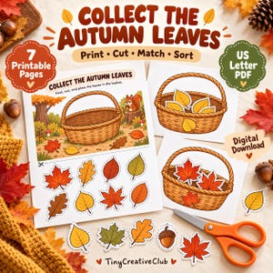 以下が含まれることがあります： Collect the Autumn Leavesと題された7ページのUSレターPDF形式の印刷可能なアクティビティセット。バスケットや様々な色の葉のイラストが含まれており、印刷、切り抜き、マッチング、分類が可能です。オレンジ色のハサミが含まれています。