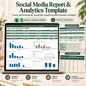 May include: A digital social media report and analytics template displayed on a laptop screen, featuring a dashboard with bar charts, line graphs, and data tables for tracking performance, alongside two smaller printed report summaries.