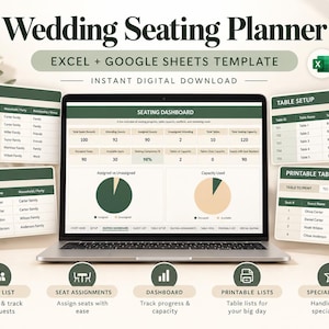 Könnte beinhalten: Eine digitale Hochzeits-Sitzplan-Vorlage für Excel und Google Sheets auf einem Laptop-Bildschirm. Die Benutzeroberfläche zeigt ein Sitzplatz-Dashboard mit Diagrammen, Gästelisten, Tischkonfigurationen und druckbaren Tischlisten in Grün und Beige.
