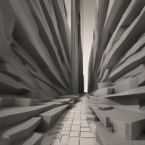 May include: A narrow, monochromatic passage featuring layered, jagged rock-like formations on both sides. The ground is composed of a textured, light grey stone pathway made of rectangular blocks that lead towards a bright, vertical opening.