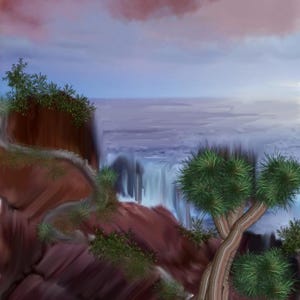 May include: A digital painting depicting a landscape with reddish-brown cliffs and green vegetation. A waterfall cascades in the distance under a sky with soft pink and blue clouds. A tree with textured bark and green needles stands in the foreground.