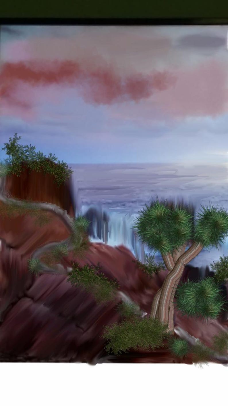 May include: A digital painting depicting a landscape with reddish-brown cliffs and green vegetation. A waterfall cascades in the distance under a sky with soft pink and blue clouds. A tree with textured bark and green needles stands in the foreground.