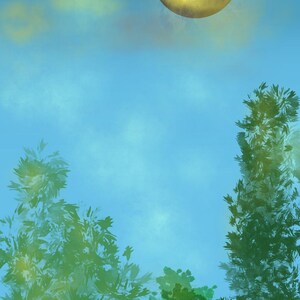 May include: A digital illustration depicting a bright yellow full moon suspended in a soft blue sky. Below the moon, dark green trees with textured foliage rise from the bottom, creating a contrast against the light blue atmosphere.