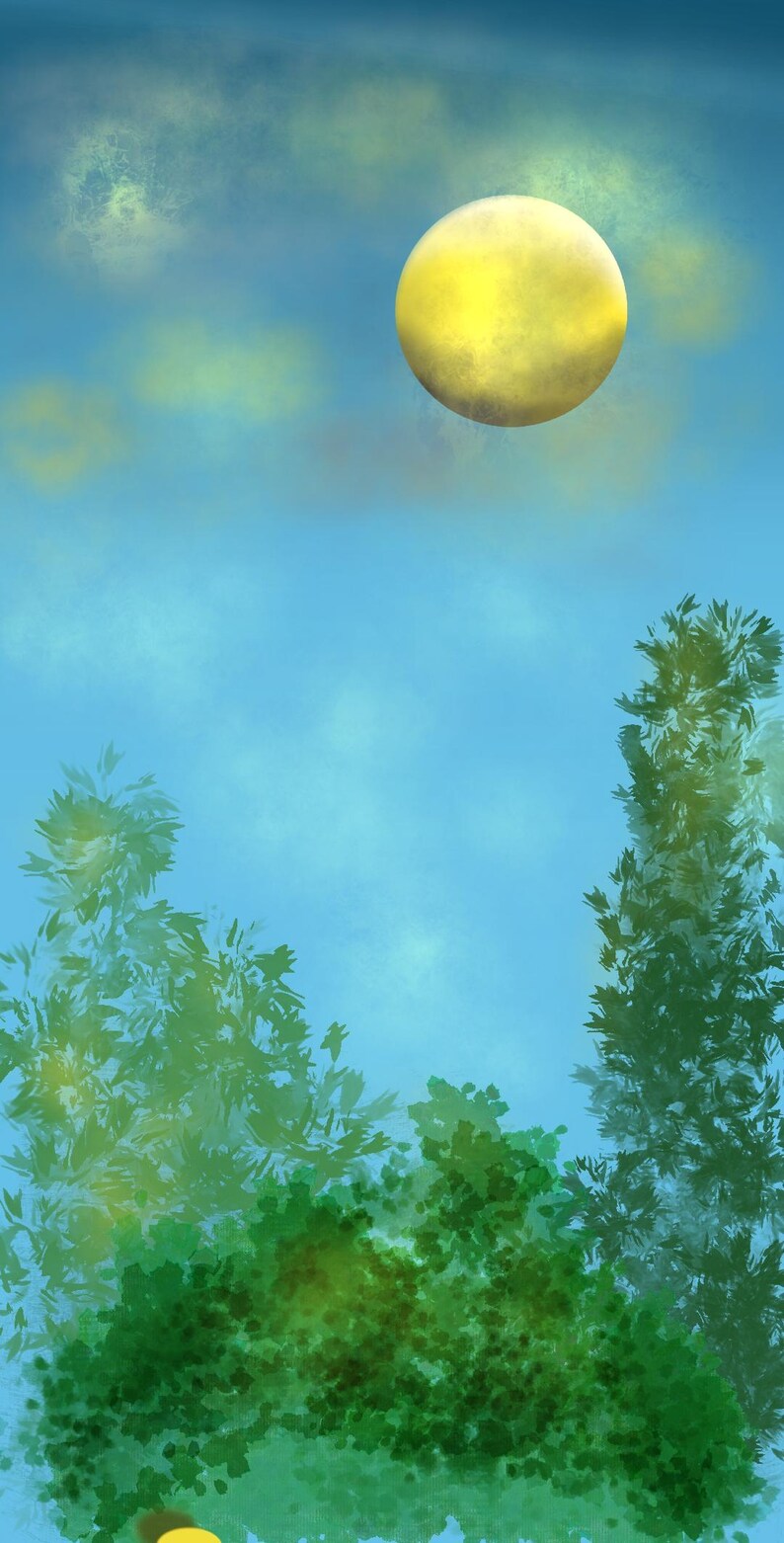 May include: A digital illustration depicting a bright yellow full moon suspended in a soft blue sky. Below the moon, dark green trees with textured foliage rise from the bottom, creating a contrast against the light blue atmosphere.